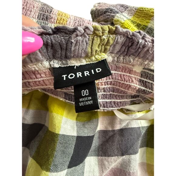 Torrid Smocked Off-Shoulder Plaid Peplum Blouse Yellow Lavender Black Sz M/L - Picture 7 of 7